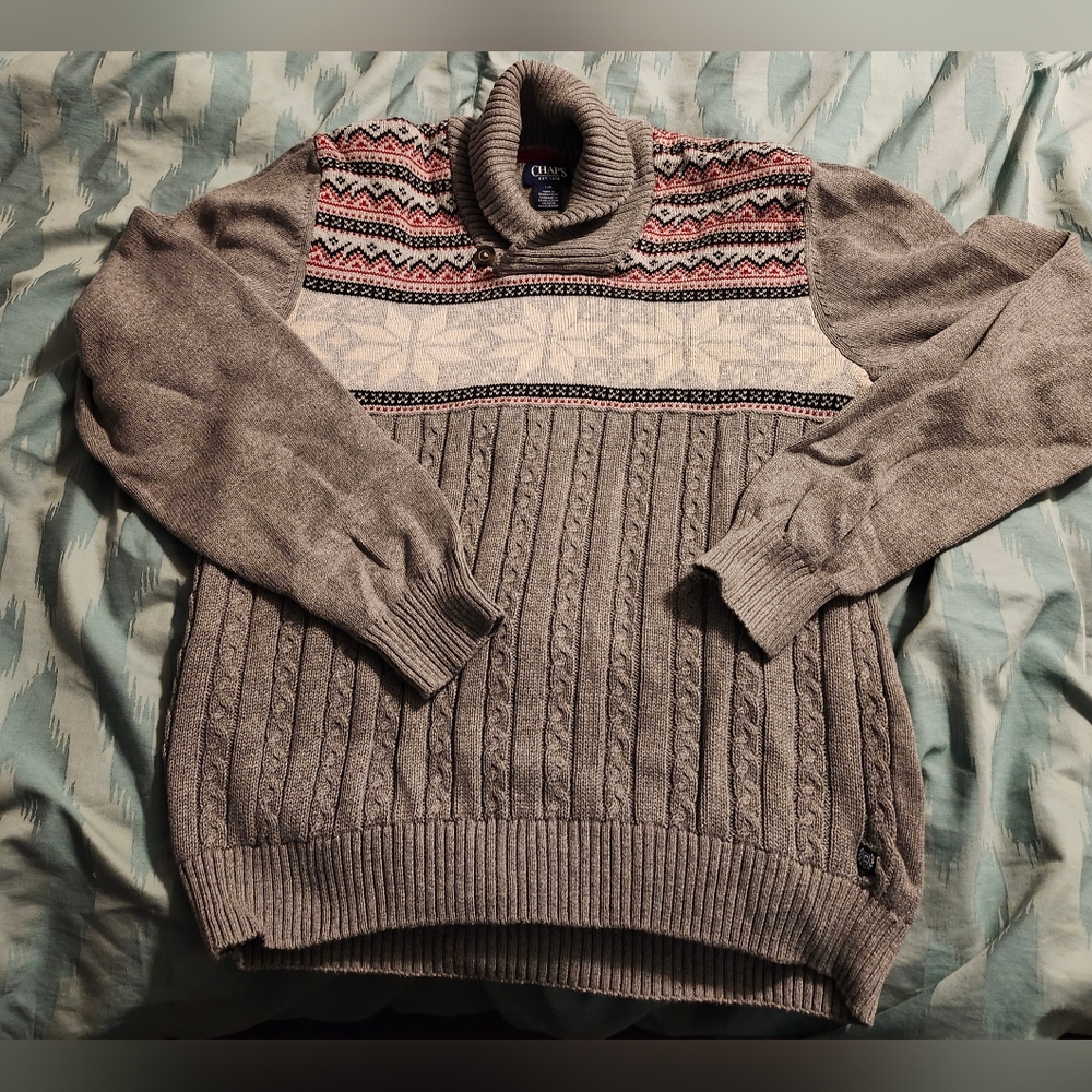 Chaps‎ Sweater Gray Fair Isle Button Mock Neck Collar Pullover Men’s Size Large